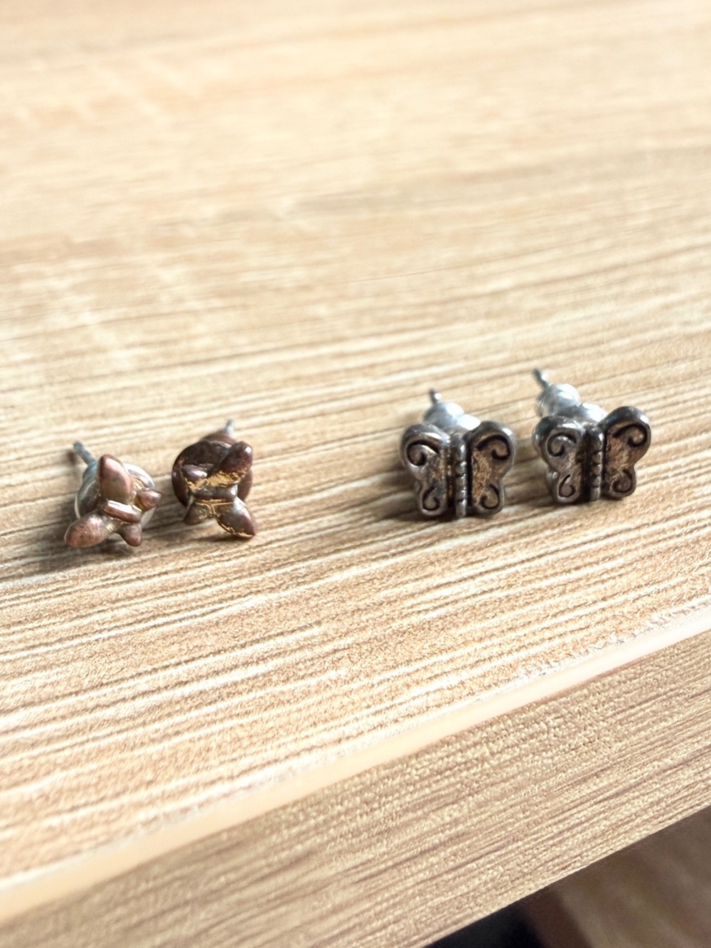 Silver and Bronze Butterfly Stud Earrings - 2 Pairs